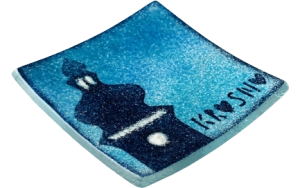 Pamiątkowa niebieska patera szklana KROSNO 10x10 