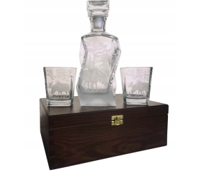 Zestaw Myśliwski w skrzynce Karafka + 2 szklanki whisky zdobione Łoś